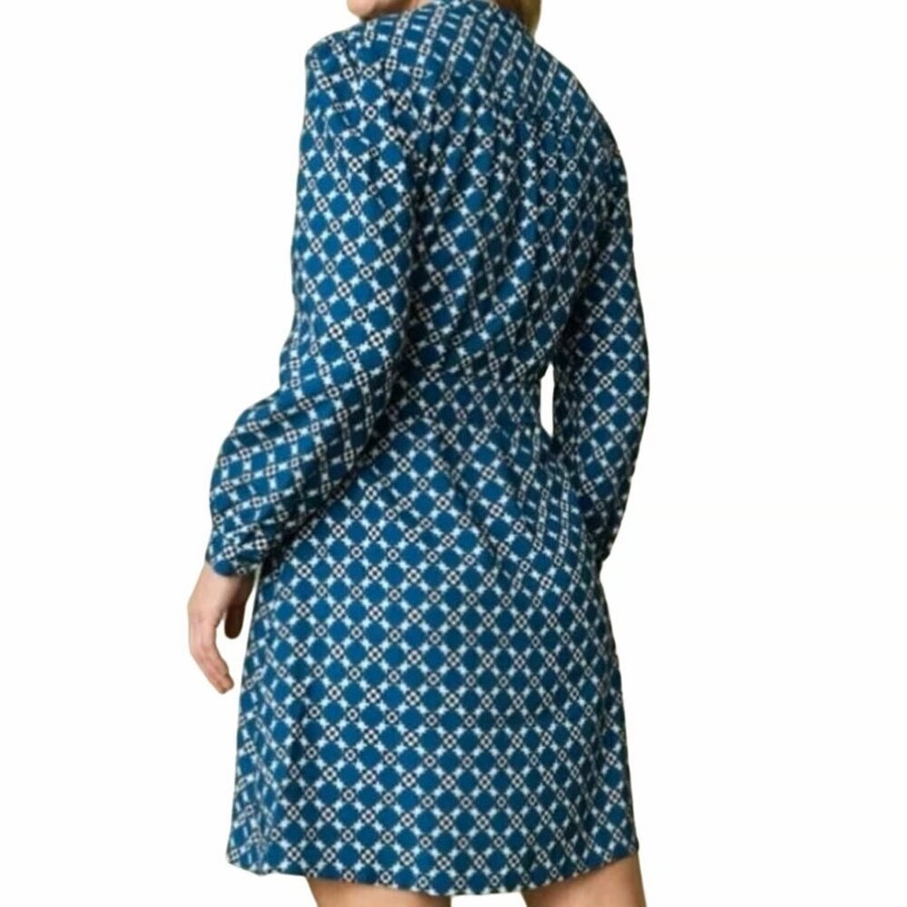 UNTUCKit Blue Belted Geometric Print Shirt Dress Sz 10 - Picture 6 of 11